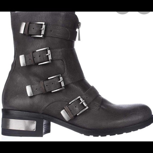 Vince Camuto Wesli Boots Black Textured Leather Moto Zip Buckle Size 8.5